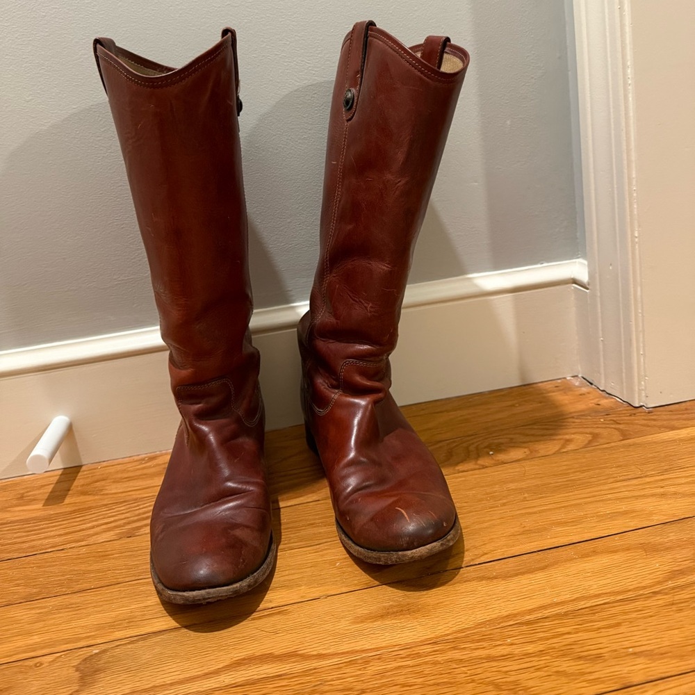 Frye Melissa Brown Leather Tall Boots (extended calf)
